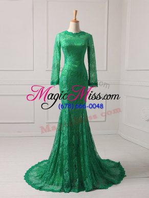 Glittering Green Mother of Groom Dress Military Ball and Beach with Lace Scoop Long Sleeves Brush Train Zipper