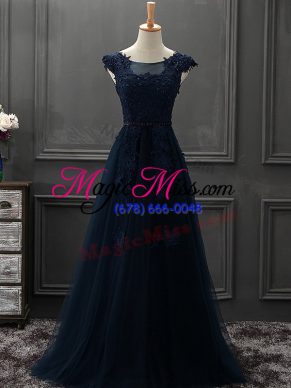 Excellent Scoop Sleeveless Mother Of The Bride Dress Mini Length Beading and Lace and Appliques Navy Blue Tulle