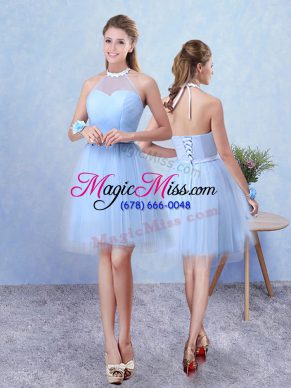 Knee Length Blue Quinceanera Court Dresses Halter Top Sleeveless Lace Up