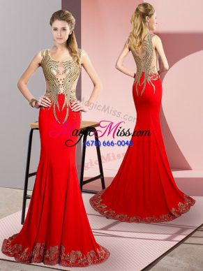 Red Sleeveless Brush Train Beading and Appliques Prom Party Dress