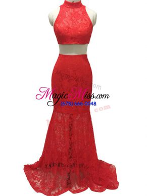 Simple Red Two Pieces Halter Top Sleeveless Lace Brush Train Zipper Lace