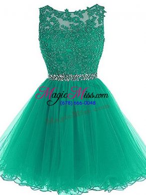 Green Sleeveless Beading and Lace and Appliques and Belt Mini Length Dress for Prom