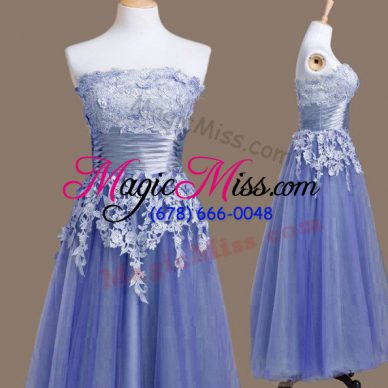 Lavender Tulle Lace Up Strapless Sleeveless Tea Length Quinceanera Court Dresses Appliques
