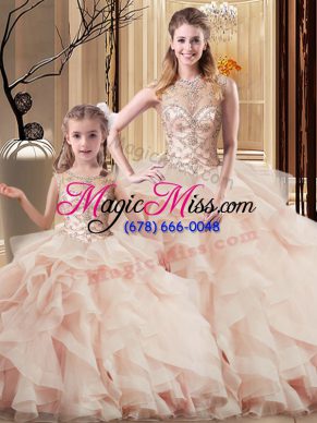 Most Popular Peach Lace Up Quinceanera Dress Beading and Ruffles Sleeveless Brush Train
