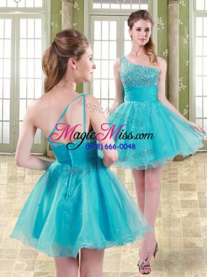 Fine Mini Length Aqua Blue Prom Party Dress Organza Sleeveless Beading