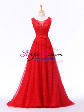 Custom Design Red Tulle Lace Up Evening Dress Sleeveless Brush Train Lace and Appliques and Belt