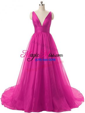 Hot Sale Fuchsia Sleeveless Ruching Backless Ball Gown Prom Dress