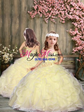 Light Yellow Tulle Lace Up Spaghetti Straps Sleeveless Floor Length Little Girls Pageant Gowns Beading and Ruffles