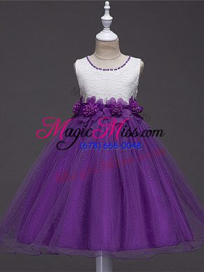 Fantastic Purple Tulle Zipper Flower Girl Dress Sleeveless Knee Length Lace and Hand Made Flower