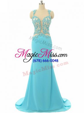Artistic Sleeveless Lace and Appliques Backless Evening Dresses with Aqua Blue Brush Train