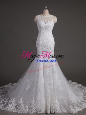 Fantastic White Backless Scoop Lace Wedding Gowns Tulle Sleeveless Brush Train