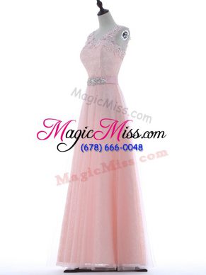 Extravagant Baby Pink A-line Lace and Appliques Prom Gown Zipper Tulle Sleeveless Floor Length