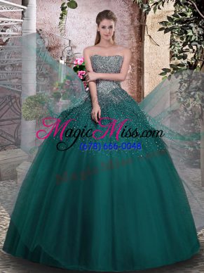 Sleeveless Tulle Floor Length Lace Up Quinceanera Gown in Dark Green with Beading