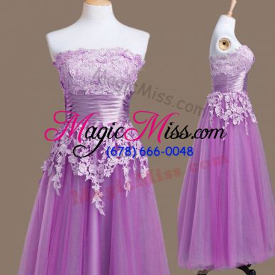 Purple Lace Up Court Dresses for Sweet 16 Appliques Sleeveless Tea Length