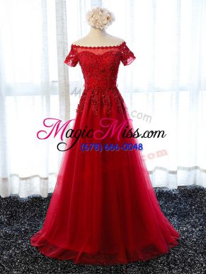 Modern Floor Length Red Prom Dress Off The Shoulder Short Sleeves Lace Up
