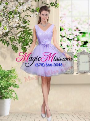 Sweet Lilac A-line Lace and Belt Dama Dress for Quinceanera Lace Up Tulle Sleeveless Knee Length