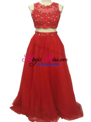 Shining Red Scoop Neckline Beading and Appliques Prom Gown Sleeveless Zipper