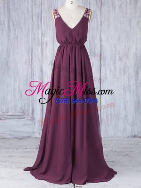 V-neck Sleeveless Chiffon Court Dresses for Sweet 16 Appliques Backless