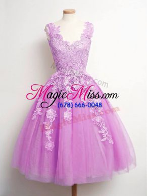 Wonderful Tulle V-neck Sleeveless Lace Up Lace Quinceanera Court of Honor Dress in Lilac