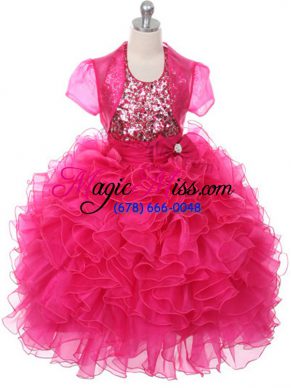 Trendy Hot Pink Lace Up Little Girls Pageant Dress Wholesale Ruffles and Sequins and Bowknot Sleeveless Floor Length