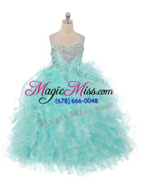 Aqua Blue Ball Gowns Straps Sleeveless Organza Floor Length Lace Up Beading and Ruffles Little Girls Pageant Dress