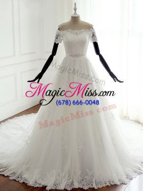 Stunning White Lace Up Bridal Gown Lace Sleeveless Court Train