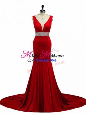 Brush Train Mermaid Oscars Dresses Wine Red V-neck Elastic Woven Satin Sleeveless Zipper