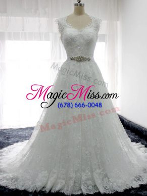 On Sale Beading and Lace Wedding Gowns White Clasp Handle Sleeveless Brush Train