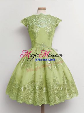Yellow Green Bridesmaid Dress Prom and Party and Wedding Party with Lace Scalloped Cap Sleeves Lace Up