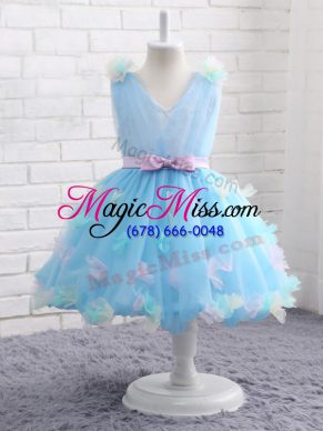 Elegant Organza Sleeveless Knee Length Toddler Flower Girl Dress and Appliques and Hand Made Flower