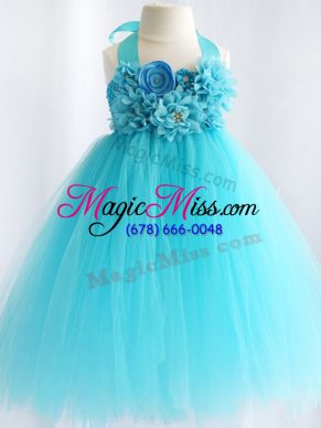 Custom Designed A-line Little Girls Pageant Gowns Aqua Blue Halter Top Tulle Sleeveless Knee Length Side Zipper