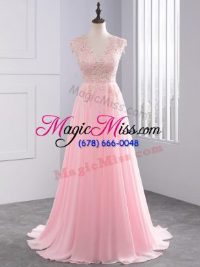 Sleeveless Chiffon Brush Train Side Zipper in Baby Pink with Appliques
