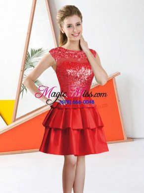 Custom Designed Red Sleeveless Knee Length Beading and Lace Backless Bridesmaid Dress