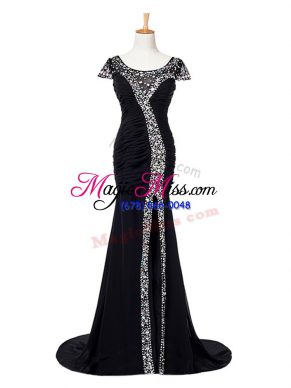 Fashion Black Cap Sleeves Brush Train Beading and Ruching Going Out Dresses