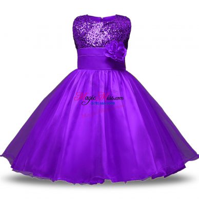 Deluxe Eggplant Purple Zipper Scoop Bowknot and Belt and Hand Made Flower Flower Girl Dress Organza and Sequined Sleeveless