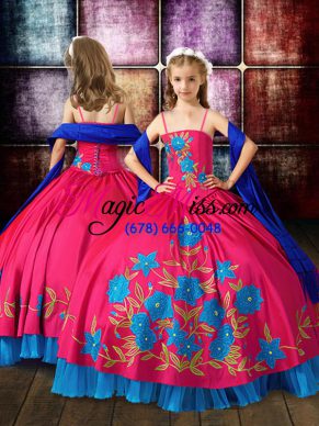 Hot Pink Ball Gowns Taffeta Spaghetti Straps Sleeveless Embroidery Floor Length Lace Up Little Girl Pageant Gowns