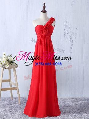 Red Bridesmaids Dress Prom and Party and Wedding Party with Hand Made Flower One Shoulder Sleeveless Lace Up