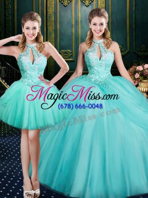 Exquisite Tulle Halter Top Sleeveless Lace Up Beading and Pick Ups Quinceanera Dress in Aqua Blue