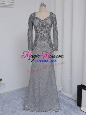 Lace Long Sleeves Floor Length Mother Dresses and Beading and Lace