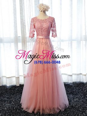 Scoop Half Sleeves Bridesmaids Dress Floor Length Lace Pink Tulle