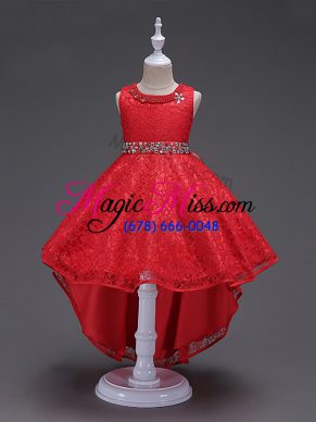 Fabulous Red A-line Beading Flower Girl Dresses for Less Lace Up Lace Sleeveless High Low