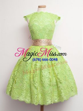 Colorful Yellow Green Ball Gowns Lace High-neck Cap Sleeves Belt Knee Length Lace Up Bridesmaid Dress