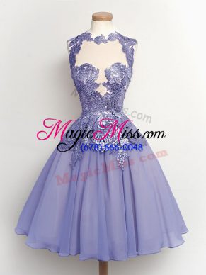Superior Lilac A-line High-neck Sleeveless Chiffon Knee Length Lace Up Lace Quinceanera Court Dresses