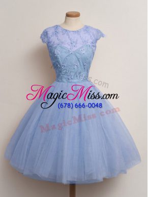 Trendy Cap Sleeves Knee Length Lace Lace Up Bridesmaids Dress with Blue