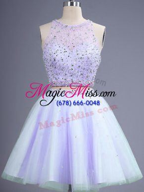 High Class Lavender Tulle Lace Up Wedding Party Dress Sleeveless Knee Length Beading