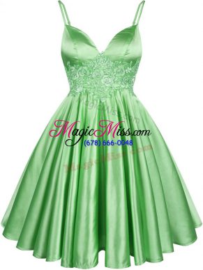 Dynamic Green A-line Elastic Woven Satin Spaghetti Straps Sleeveless Lace Knee Length Lace Up Bridesmaid Dress