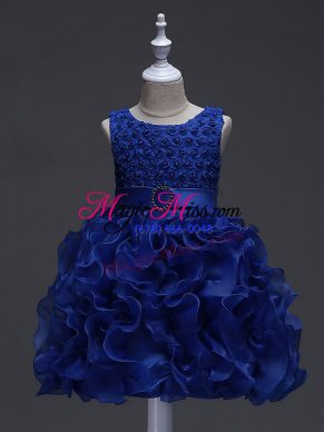 Excellent Royal Blue Scoop Lace Up Ruffles and Belt Girls Pageant Dresses Sleeveless