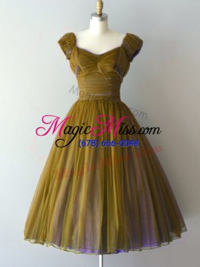 Customized A-line Wedding Guest Dresses Olive Green V-neck Chiffon Cap Sleeves Knee Length Lace Up