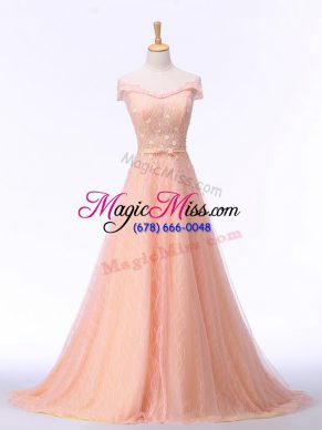 Peach Sleeveless Tulle Brush Train Lace Up Evening Gowns for Prom and Party and Military Ball and Sweet 16