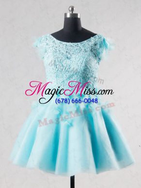 Short Sleeves Mini Length Lace and Appliques and Hand Made Flower Backless Prom Dresses with Aqua Blue